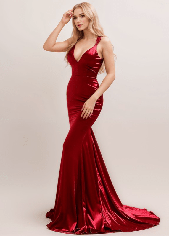 Sexy Deep V neck tie back mermaid silky satin prom dress - Luzilly Bridal & Apparel
