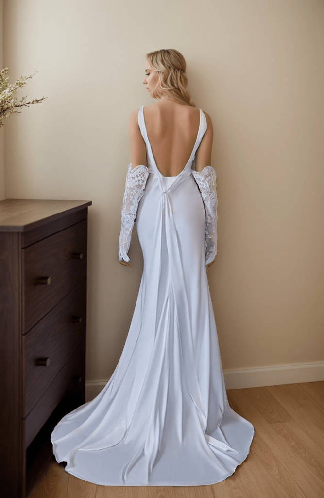 Sexy deep V thin straps low back Greece Goddess style Satin wedding dress - Luzilly Bridal & Apparel
