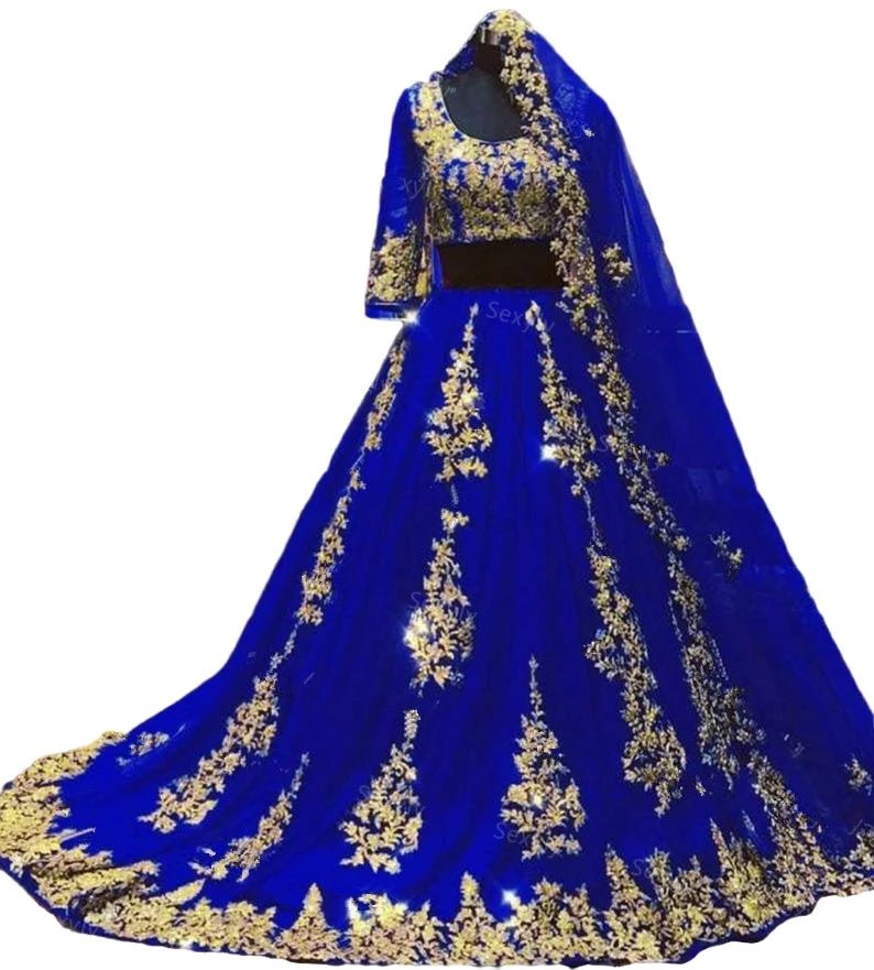 Sexy Indian Arabic burgundy Wedding Dresses With cape veil Two Piece gold lace Muslim Half Sleeve Blue Dubai Bride Gown custom - Luzilly Bridal & Apparel
