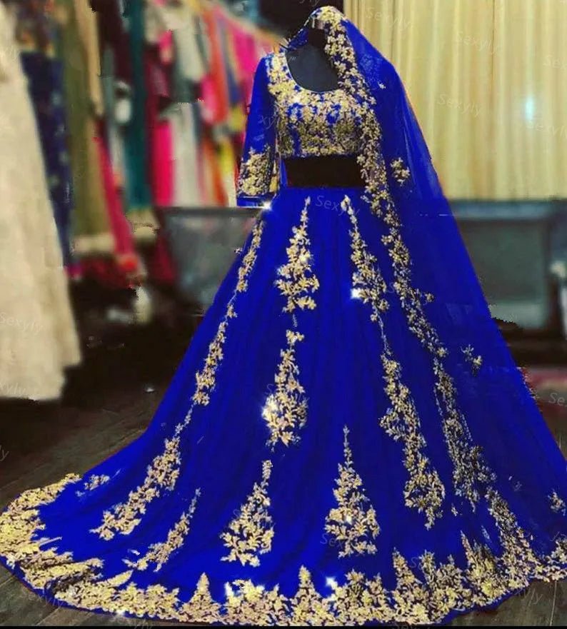 Sexy Indian Arabic burgundy Wedding Dresses With cape veil Two Piece gold lace Muslim Half Sleeve Blue Dubai Bride Gown custom - Luzilly Bridal & Apparel