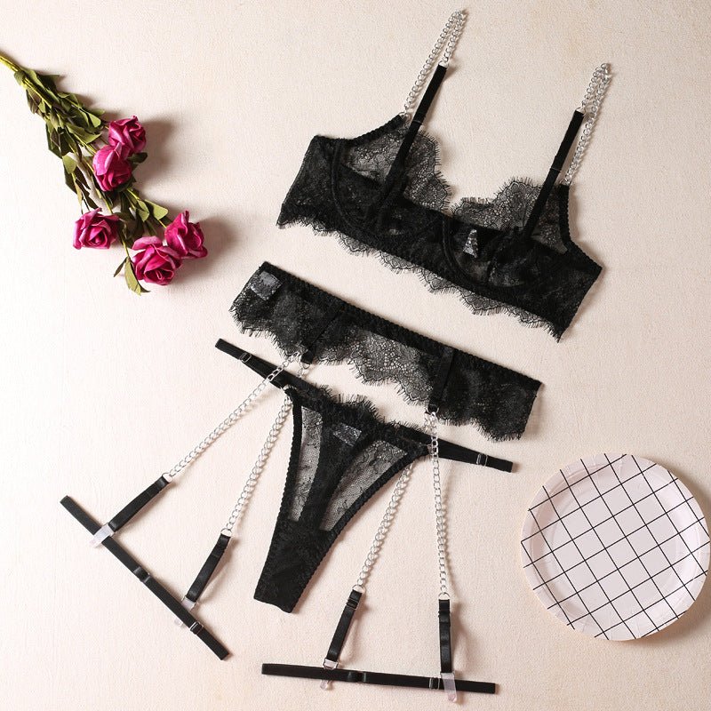 Sexy Lace Bra Fashion Metal Chain Garter Underwear Sets - Luzilly Bridal & Apparel