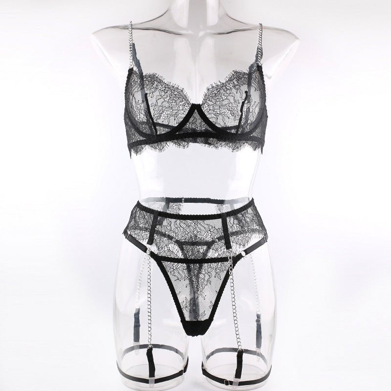 Sexy Lace Bra Fashion Metal Chain Garter Underwear Sets - Luzilly Bridal & Apparel