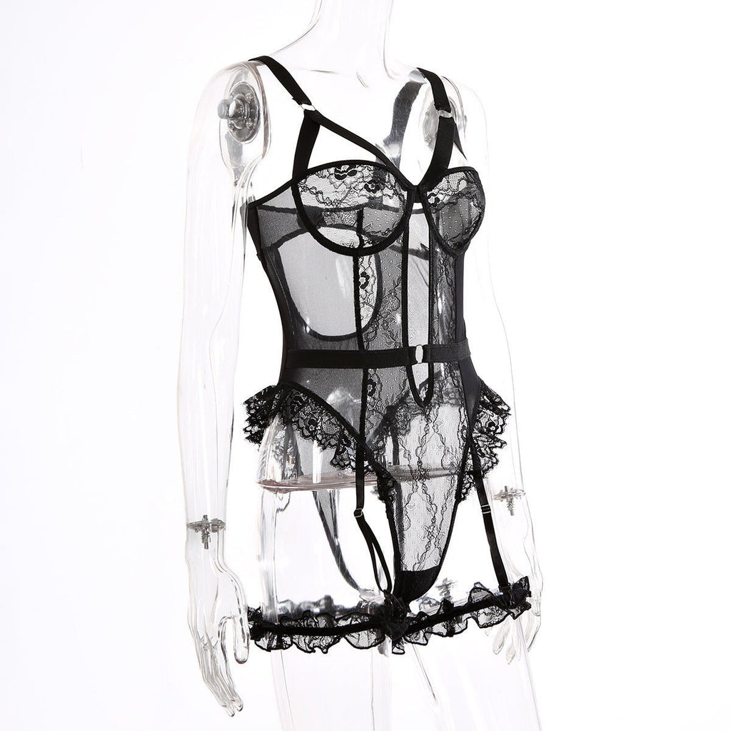 Sexy Lace Lace Cutout See through Sling One Piece Sexy Lingerie Jumpsuit with Leg Ring - Luzilly Bridal & Apparel