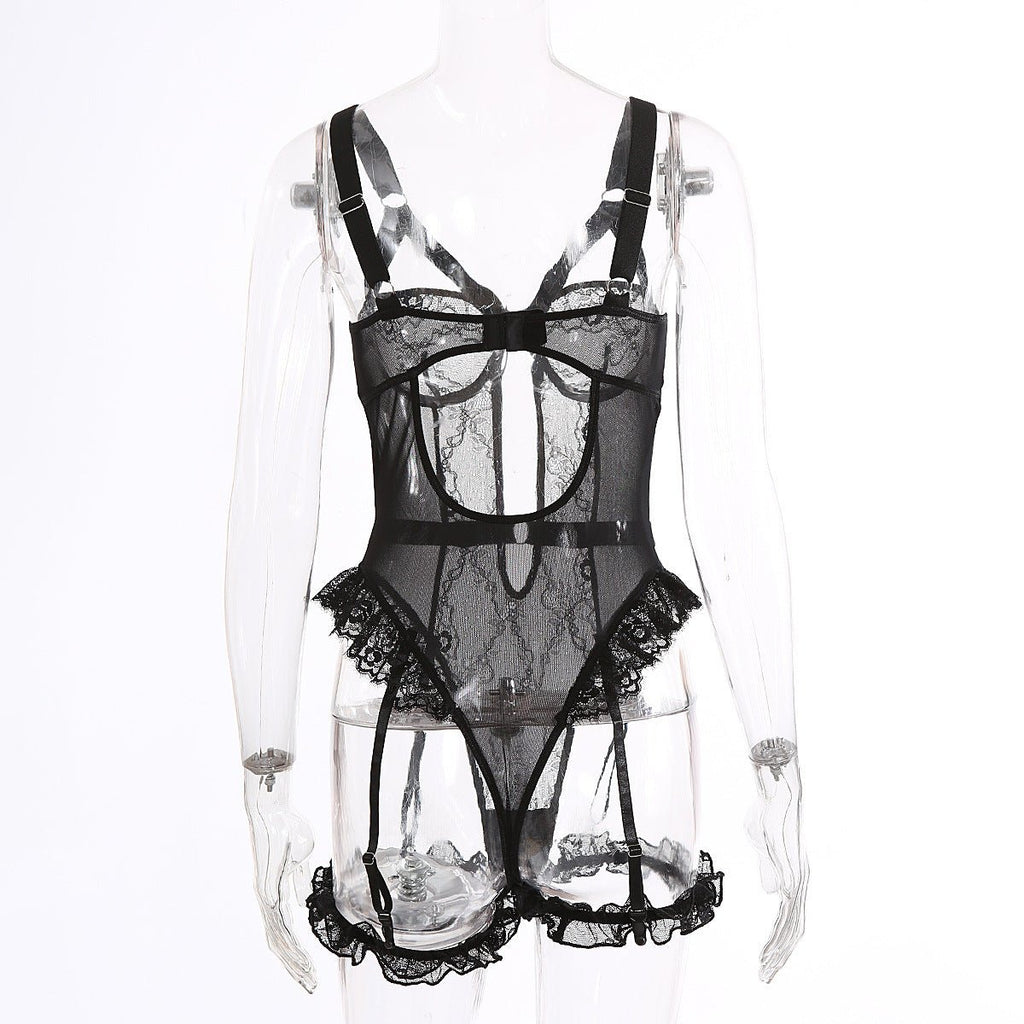 Sexy Lace Lace Cutout See through Sling One Piece Sexy Lingerie Jumpsuit with Leg Ring - Luzilly Bridal & Apparel
