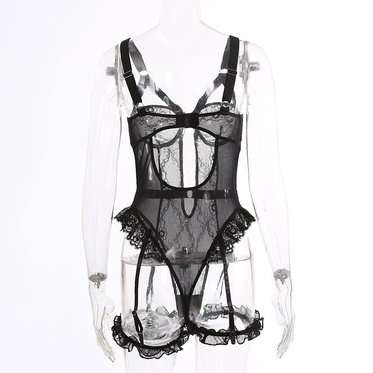 Sexy Lace Lace Cutout See through Sling One Piece Sexy Lingerie Jumpsuit with Leg Ring - Luzilly Bridal & Apparel