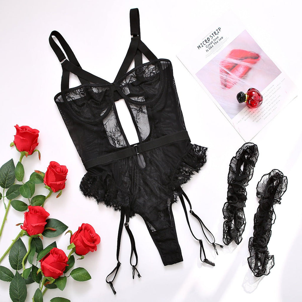Sexy Lace Lace Cutout See through Sling One Piece Sexy Lingerie Jumpsuit with Leg Ring - Luzilly Bridal & Apparel
