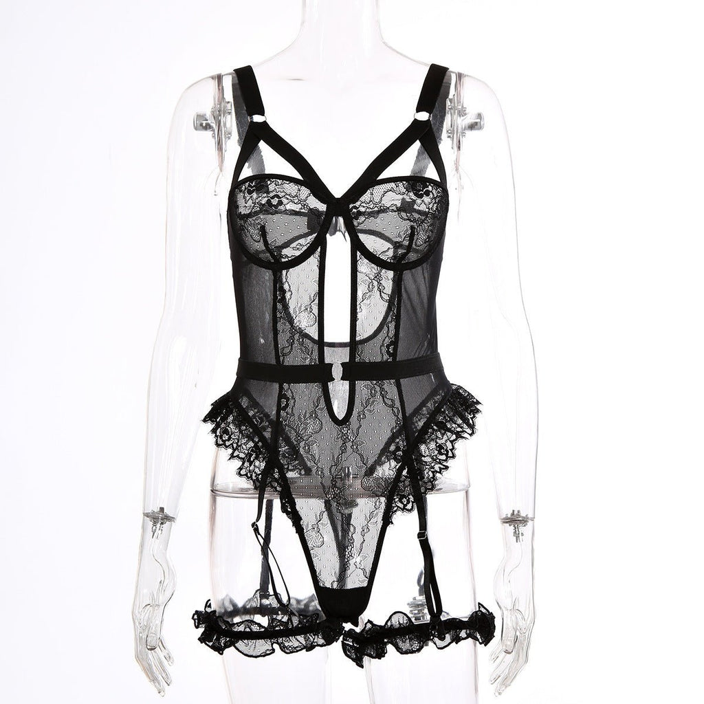 Sexy Lace Lace Cutout See through Sling One Piece Sexy Lingerie Jumpsuit with Leg Ring - Luzilly Bridal & Apparel