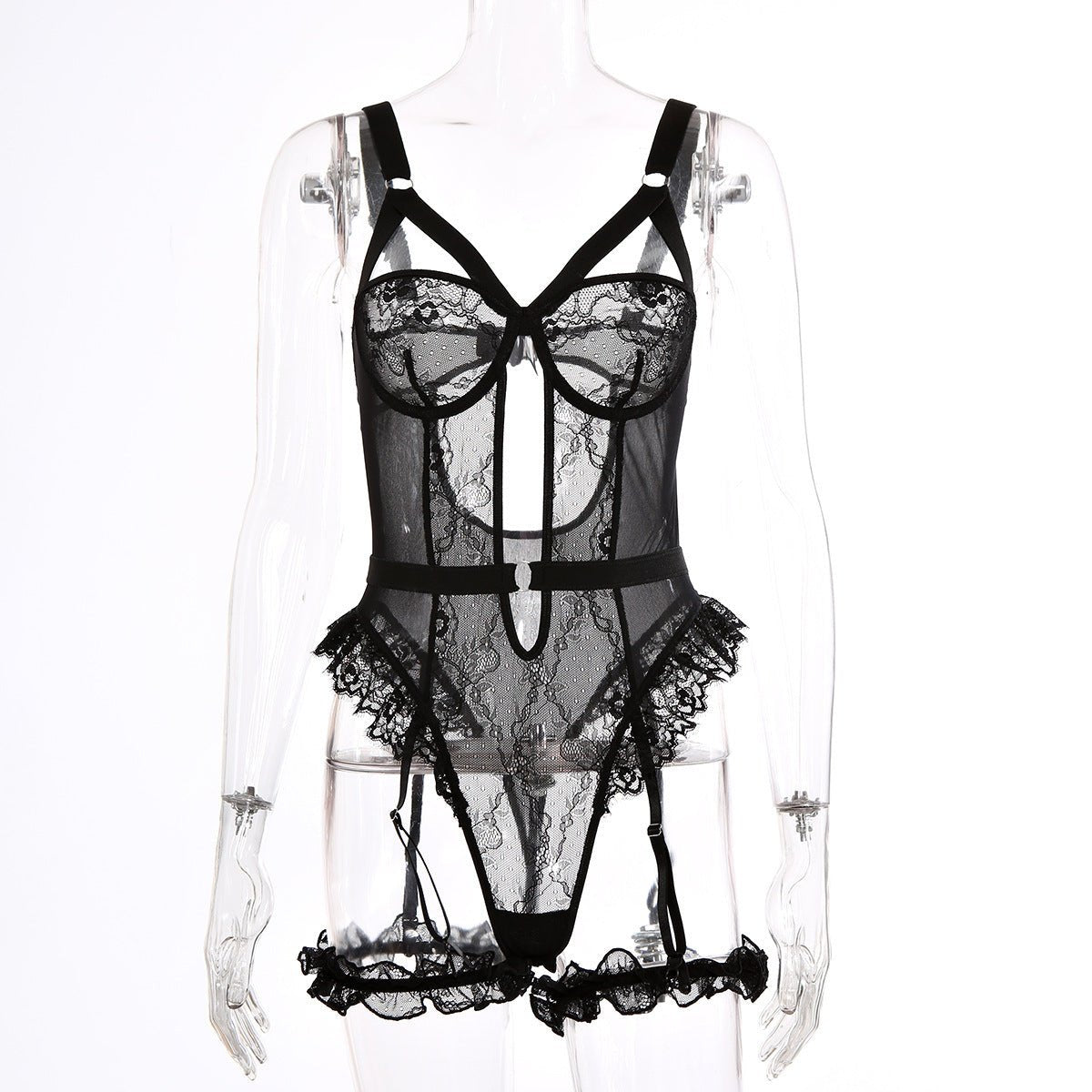 Sexy Lace Lace Cutout See through Sling One Piece Sexy Lingerie Jumpsuit with Leg Ring - Luzilly Bridal & Apparel