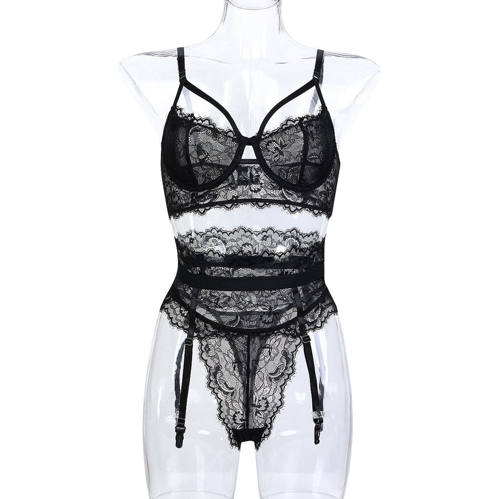 Sexy Lace Thin Black See through Three Piece Sexy Lingerie - Luzilly Bridal & Apparel