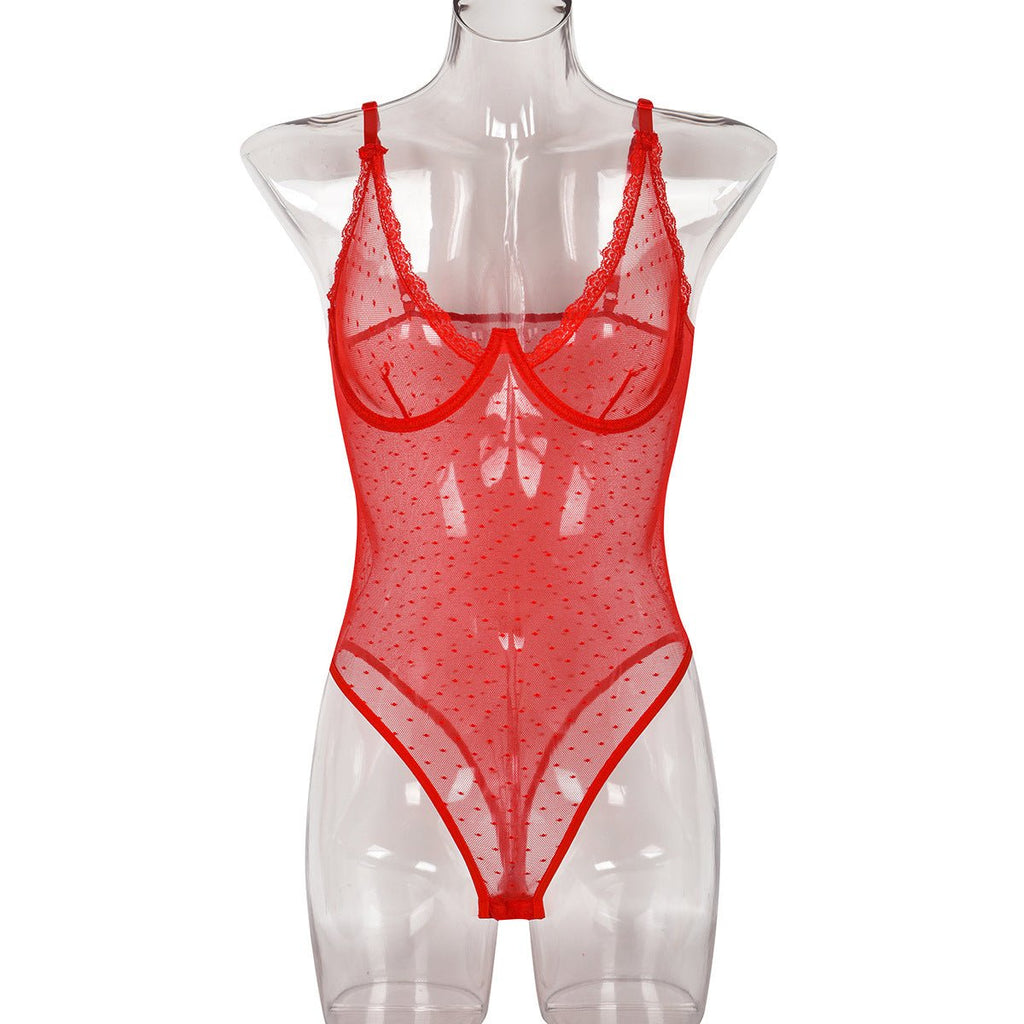 Sexy Lingerie Bottoming Women Summer Polka Dot Mesh See Through Comfortable Close Fitting Jumpsuit - Luzilly Bridal & Apparel