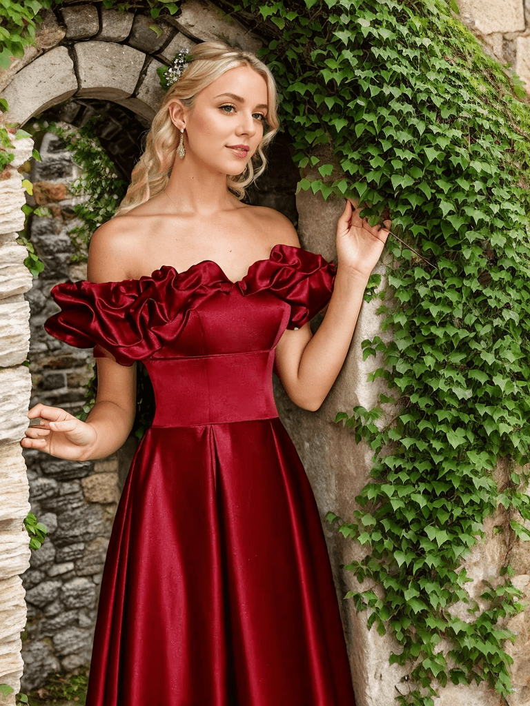 Sexy off-the-shoulder long princess style A-line satin prom dress with Ruffled sleeves - Luzilly Bridal & Apparel