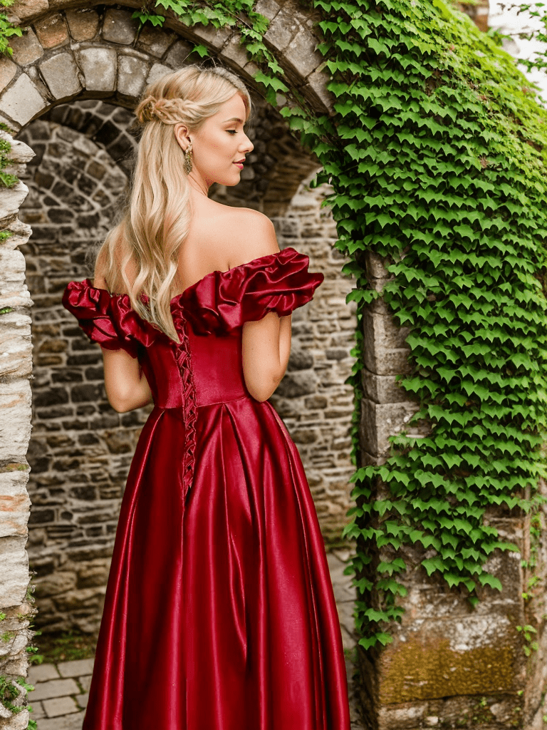 Sexy off-the-shoulder long princess style A-line satin prom dress with Ruffled sleeves - Luzilly Bridal & Apparel
