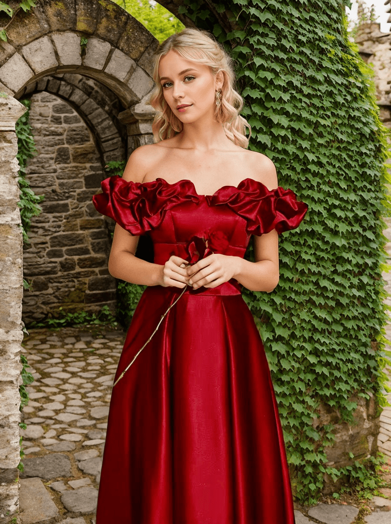 Sexy off-the-shoulder long princess style A-line satin prom dress with Ruffled sleeves - Luzilly Bridal & Apparel