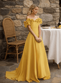 Sexy off-the-shoulder long princess style A-line satin prom dress with Ruffled sleeves - Luzilly Bridal & Apparel
