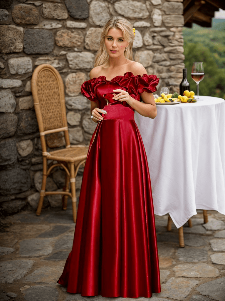 Sexy off-the-shoulder long princess style A-line satin prom dress with Ruffled sleeves - Luzilly Bridal & Apparel