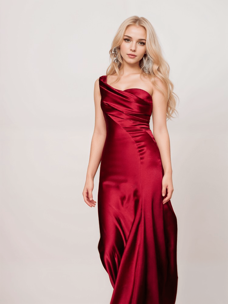 Sexy one shoulder pleated bodice mermaid silky satin prom dress - Luzilly Bridal & Apparel