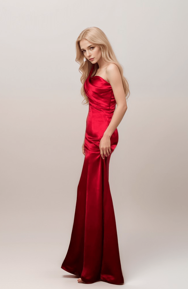Sexy one shoulder pleated bodice mermaid silky satin prom dress - Luzilly Bridal & Apparel