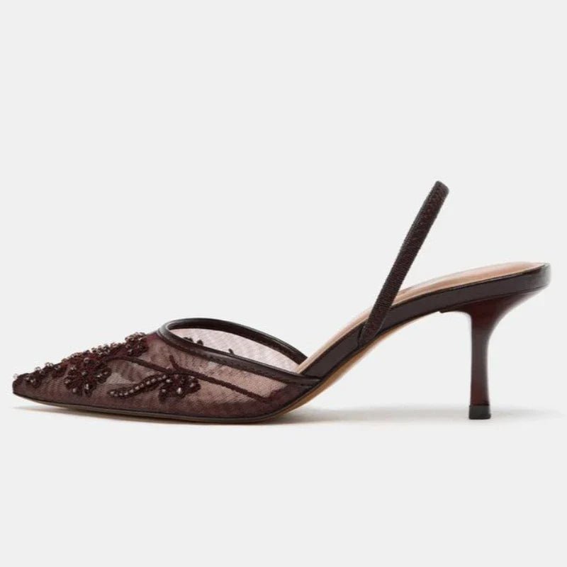 Sexy Pointed Toe Mesh Embroider High Heels for ladies Elegant String Bead pumps Summer Luxury Designer Shoe Brown Heeled Sandals - Luzilly Bridal & Apparel