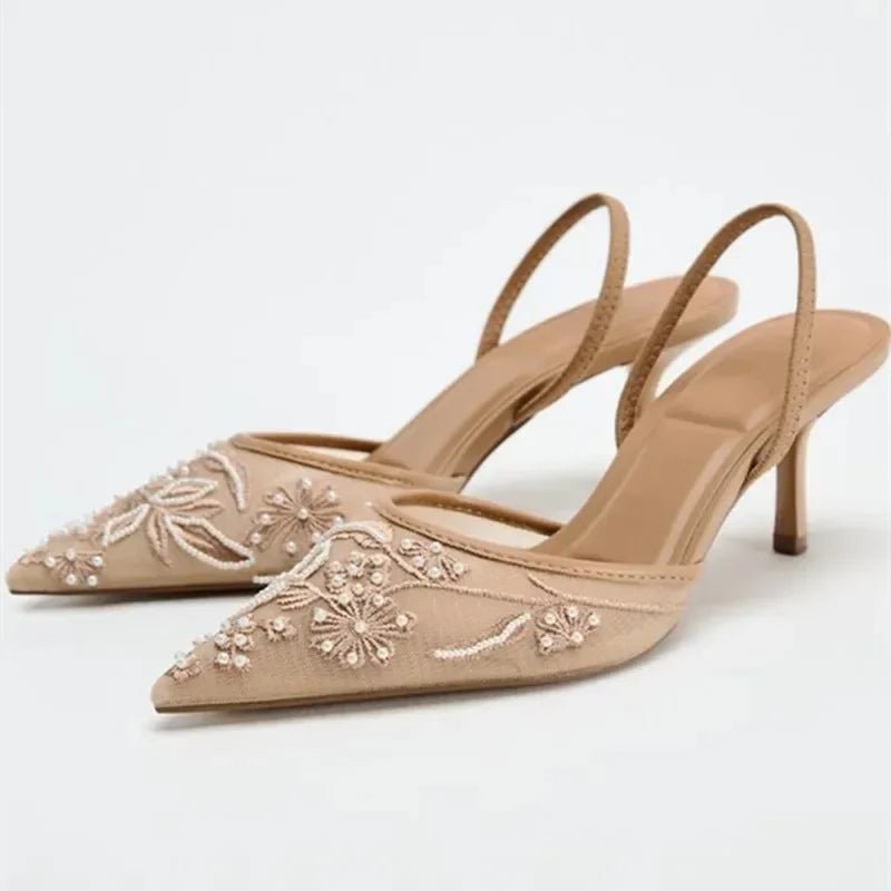 Sexy Pointed Toe Mesh Embroider High Heels for ladies Elegant String Bead pumps Summer Luxury Designer Shoe Brown Heeled Sandals - Luzilly Bridal & Apparel