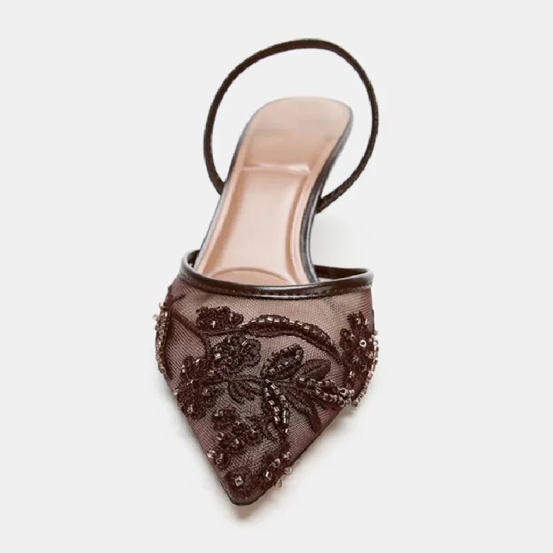 Sexy Pointed Toe Mesh Embroider High Heels for ladies Elegant String Bead pumps Summer Luxury Designer Shoe Brown Heeled Sandals - Luzilly Bridal & Apparel
