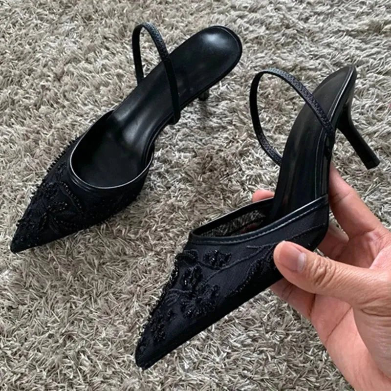 Sexy Pointed Toe Mesh Embroider High Heels for ladies Elegant String Bead pumps Summer Luxury Designer Shoe Brown Heeled Sandals - Luzilly Bridal & Apparel