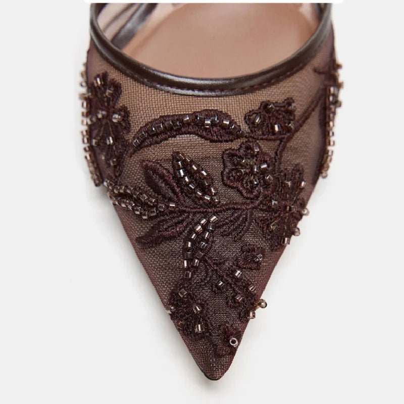Sexy Pointed Toe Mesh Embroider High Heels for ladies Elegant String Bead pumps Summer Luxury Designer Shoe Brown Heeled Sandals - Luzilly Bridal & Apparel