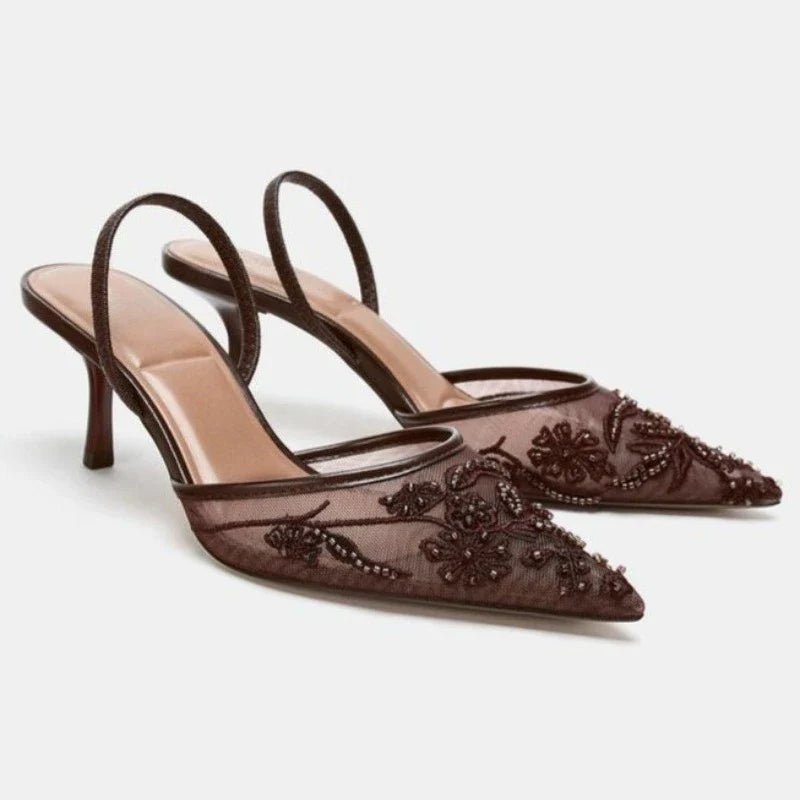 Sexy Pointed Toe Mesh Embroider High Heels for ladies Elegant String Bead pumps Summer Luxury Designer Shoe Brown Heeled Sandals - Luzilly Bridal & Apparel