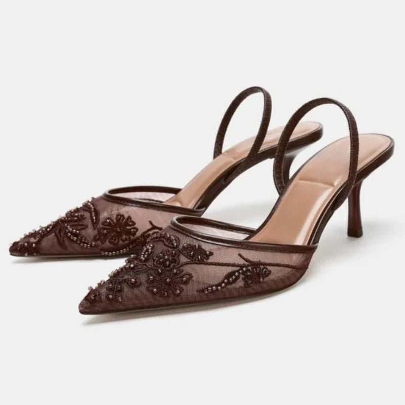 Sexy Pointed Toe Mesh Embroider High Heels for ladies Elegant String Bead pumps Summer Luxury Designer Shoe Brown Heeled Sandals - Luzilly Bridal & Apparel