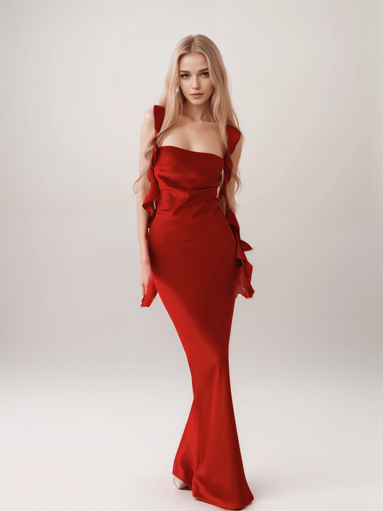 Sexy ruffled straps tie back pleated bodice sheath silky satin prom dress - Luzilly Bridal & Apparel