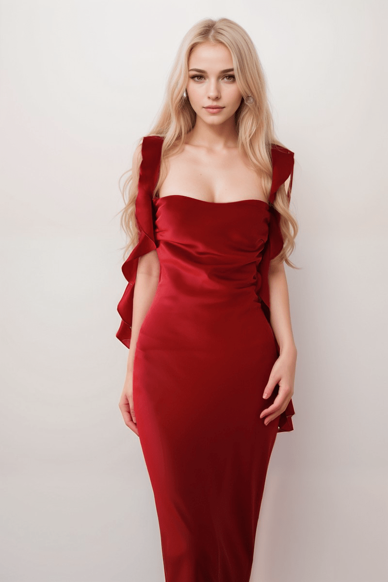 Sexy ruffled straps tie back pleated bodice sheath silky satin prom dress - Luzilly Bridal & Apparel