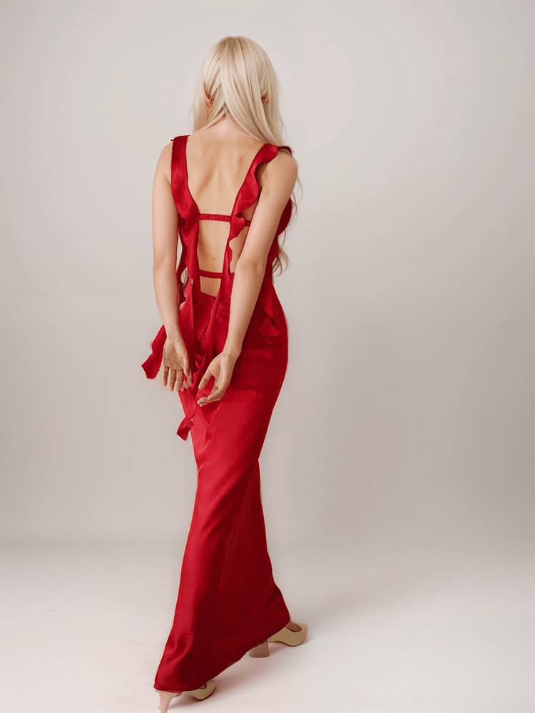 Sexy ruffled straps tie back pleated bodice sheath silky satin prom dress - Luzilly Bridal & Apparel