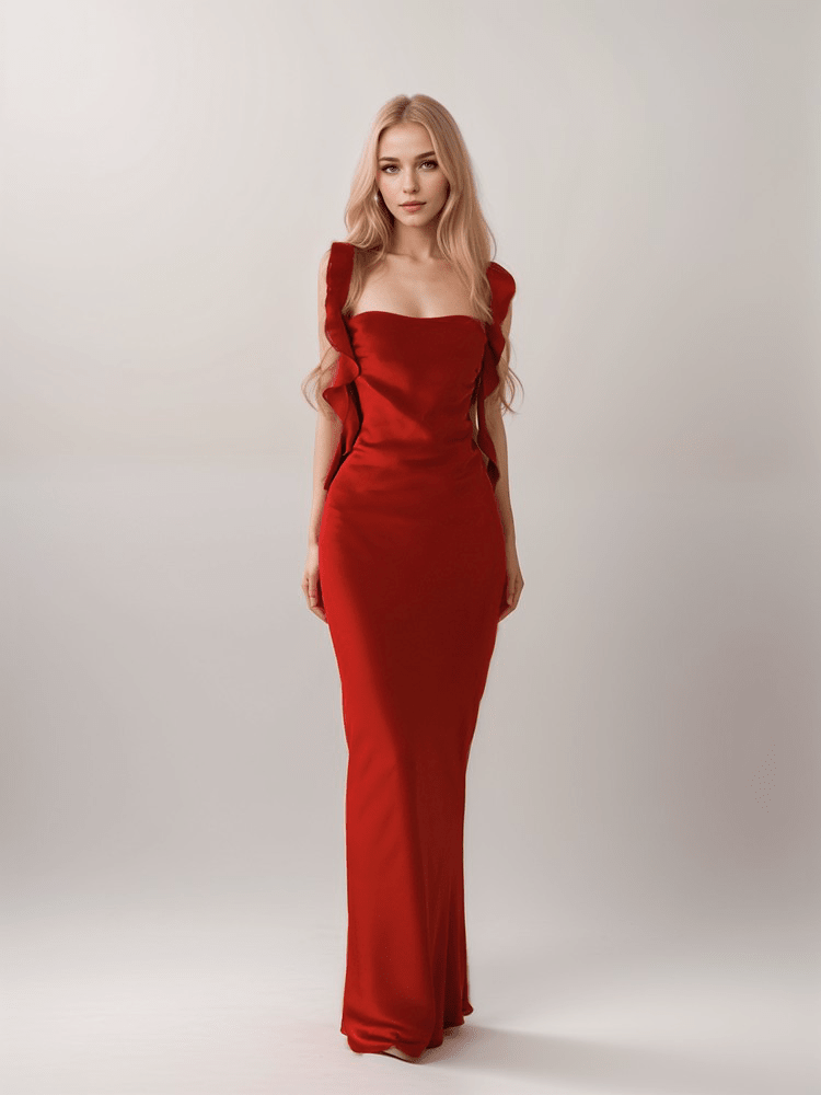 Sexy ruffled straps tie back pleated bodice sheath silky satin prom dress - Luzilly Bridal & Apparel