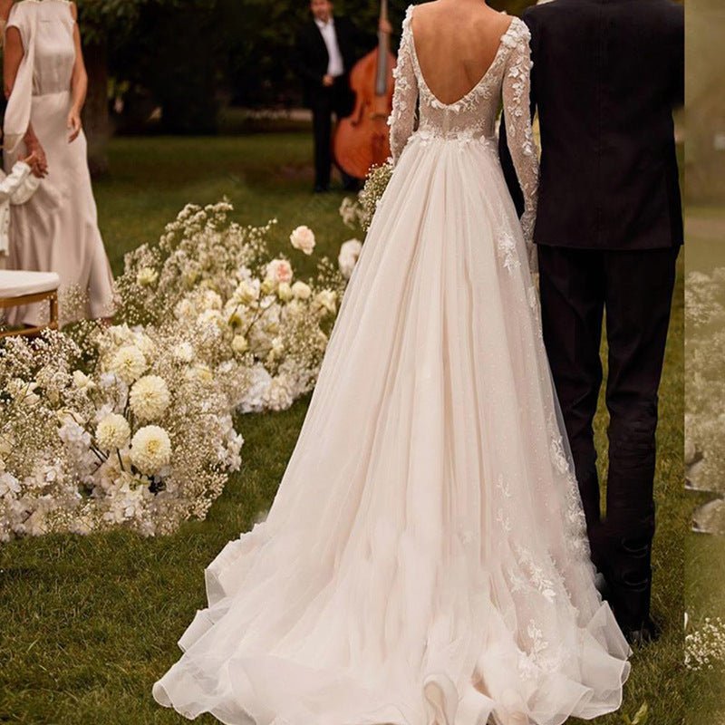 Sexy See-through Wedding Long Sleeve Embroidered Deep V Puffy Wedding Dress - Luzilly Bridal & Apparel