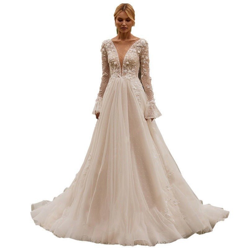 Sexy See-through Wedding Long Sleeve Embroidered Deep V Puffy Wedding Dress - Luzilly Bridal & Apparel