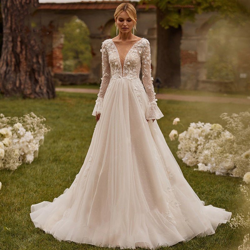 Sexy See-through Wedding Long Sleeve Embroidered Deep V Puffy Wedding Dress - Luzilly Bridal & Apparel