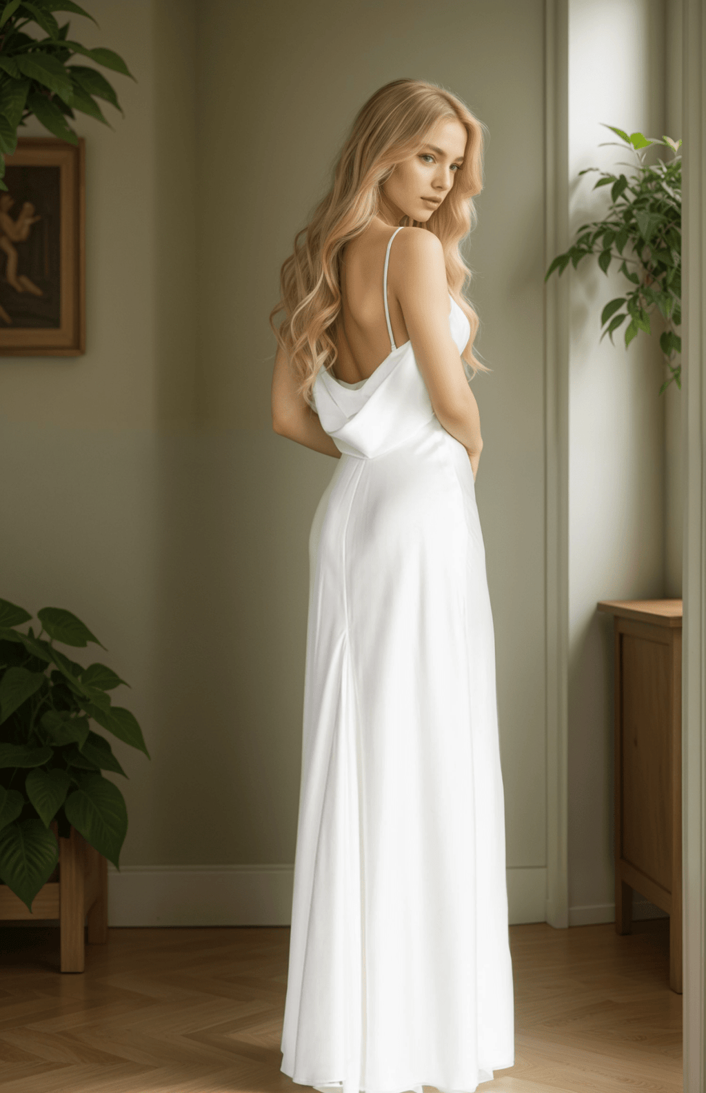 Sexy spaghetti-straps draping back Stretchy Satin wedding dress thigh slit - Luzilly Bridal & Apparel