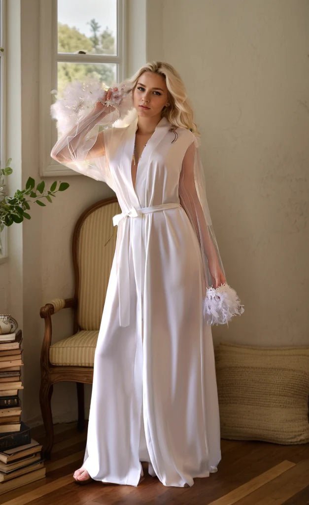 Sexy tulle lace Turkey Feather sleeves silky satin long bridal robe - Luzilly Bridal & Apparel