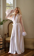 Sexy tulle lace Turkey Feather sleeves silky satin long bridal robe - Luzilly Bridal & Apparel