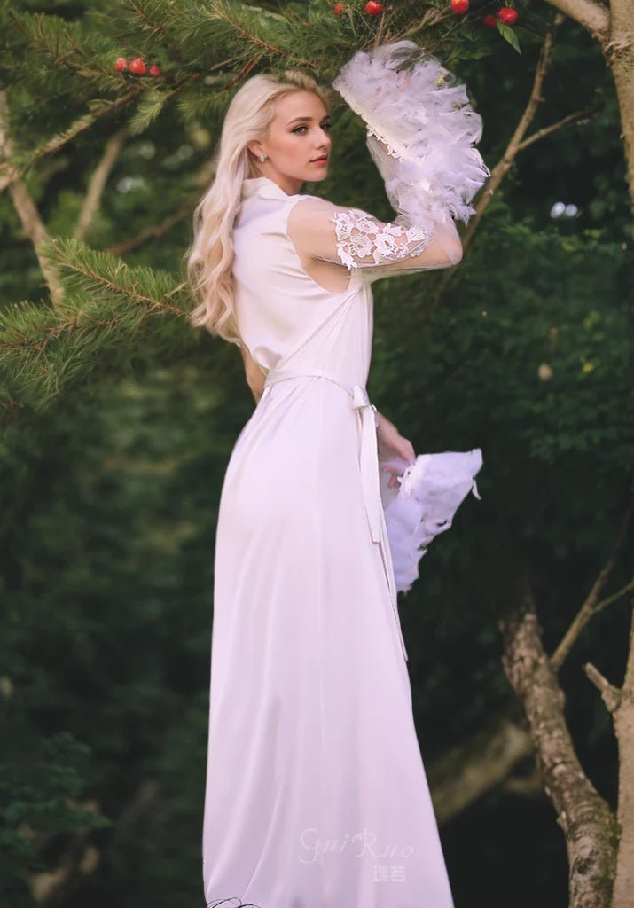 Sexy tulle lace Turkey Feather sleeves silky satin long bridal robe - Luzilly Bridal & Apparel