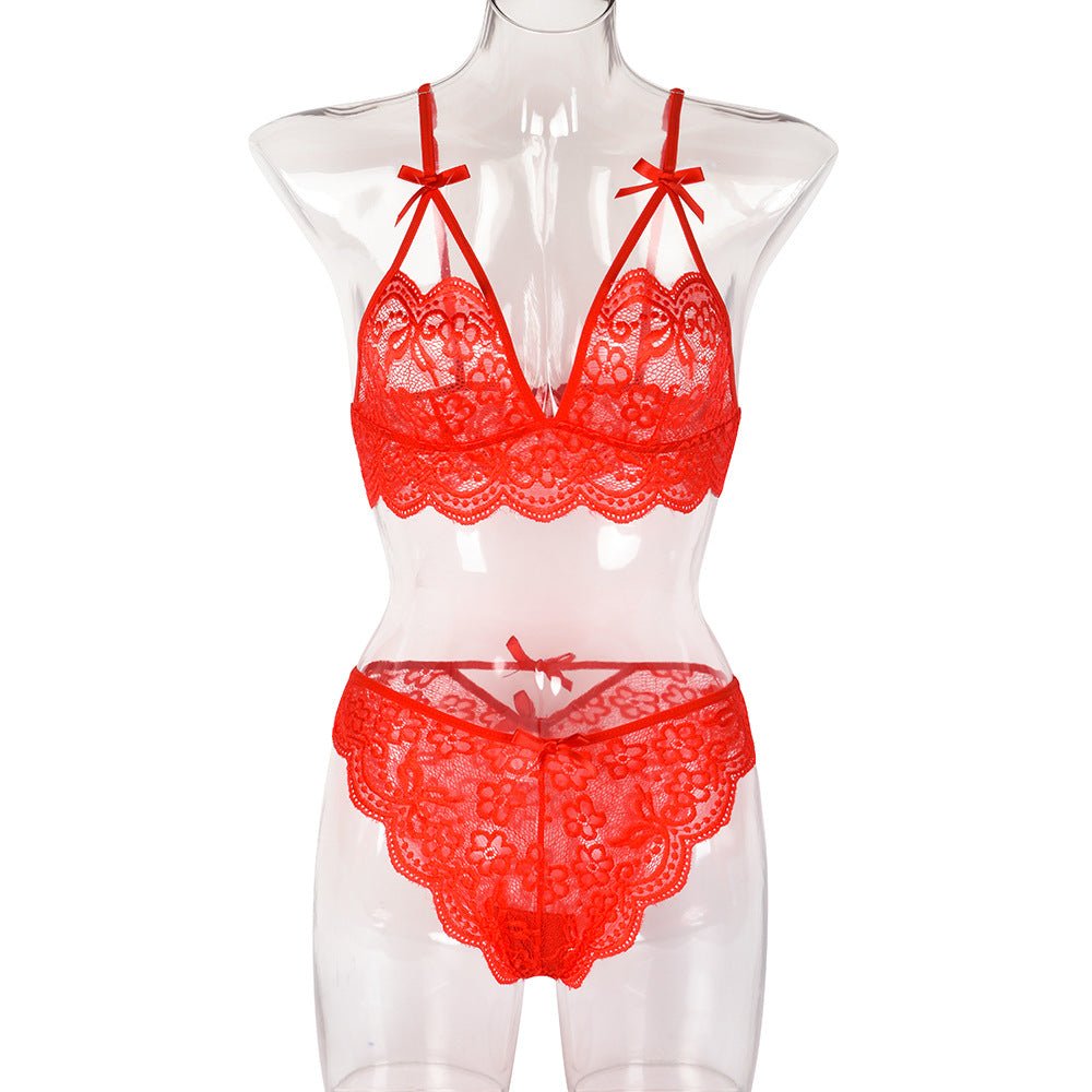 Sexy Two Piece Set Autumn Lace Splicing Tape Bow Sexy Lingerie Set - Luzilly Bridal & Apparel