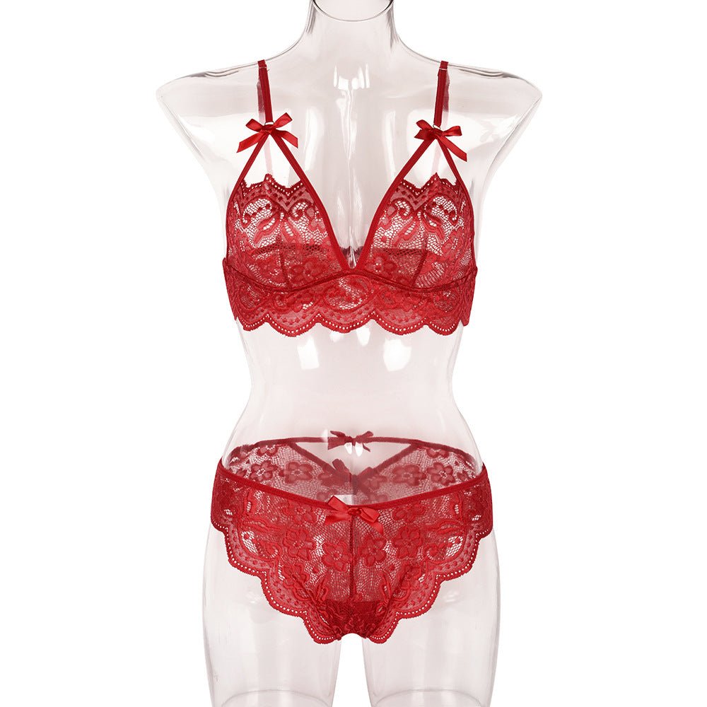 Sexy Two Piece Set Autumn Lace Splicing Tape Bow Sexy Lingerie Set - Luzilly Bridal & Apparel