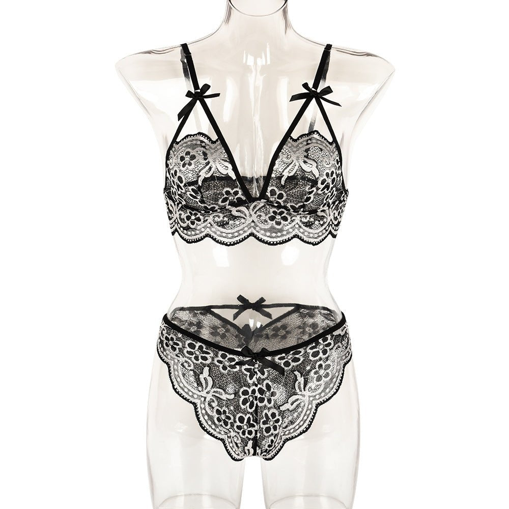 Sexy Two Piece Set Autumn Lace Splicing Tape Bow Sexy Lingerie Set - Luzilly Bridal & Apparel