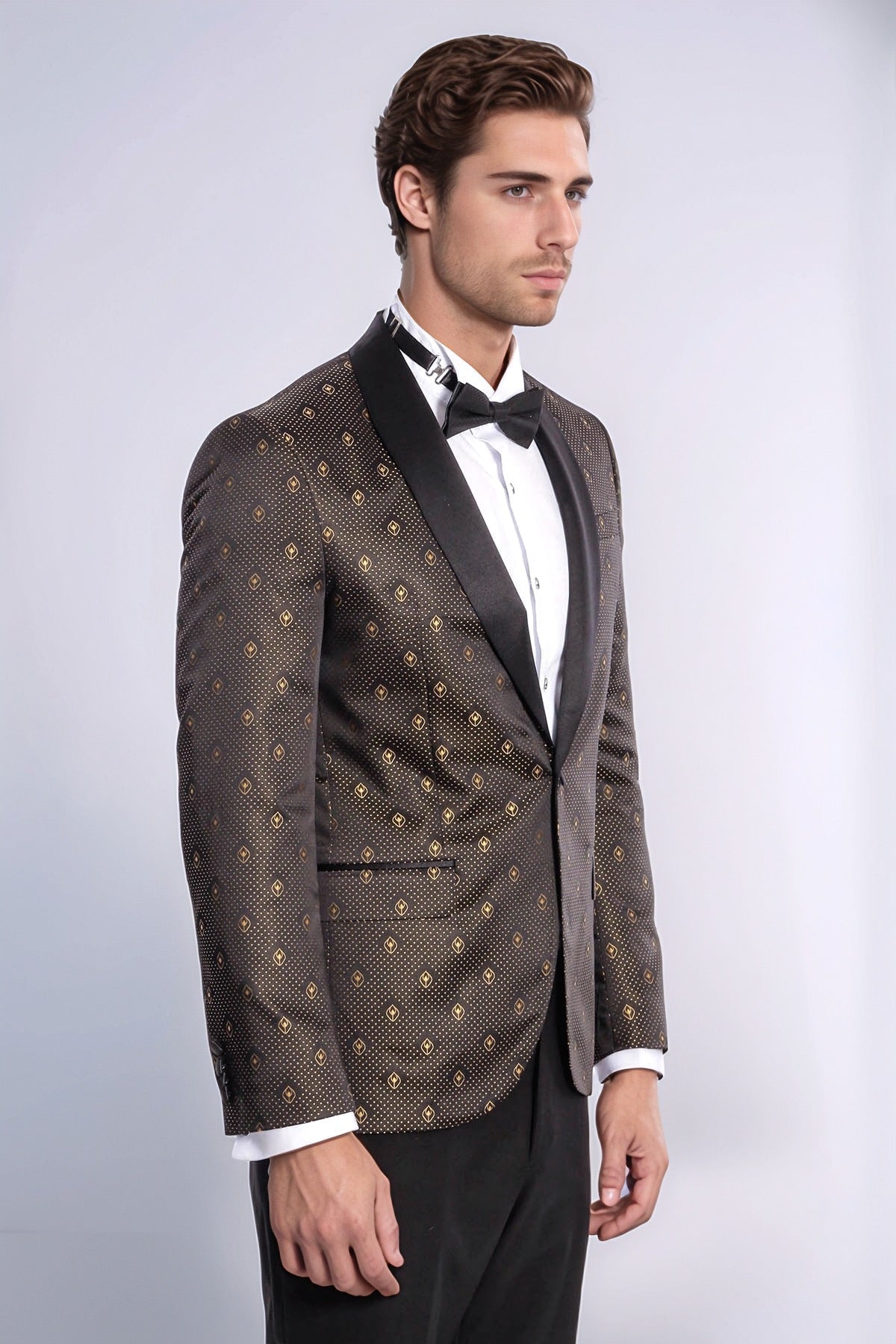 Shawl Lapel Gold Dot Patterned Over Black Men Tuxedo Blazer - Wessi - Luzilly Bridal & Apparel