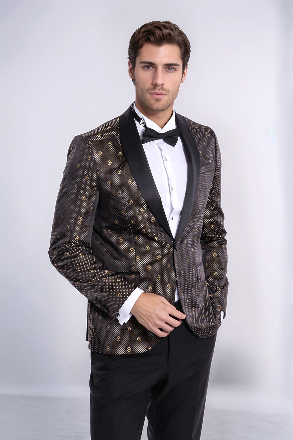 Shawl Lapel Gold Dot Patterned Over Black Men Tuxedo Blazer - Wessi - Luzilly Bridal & Apparel