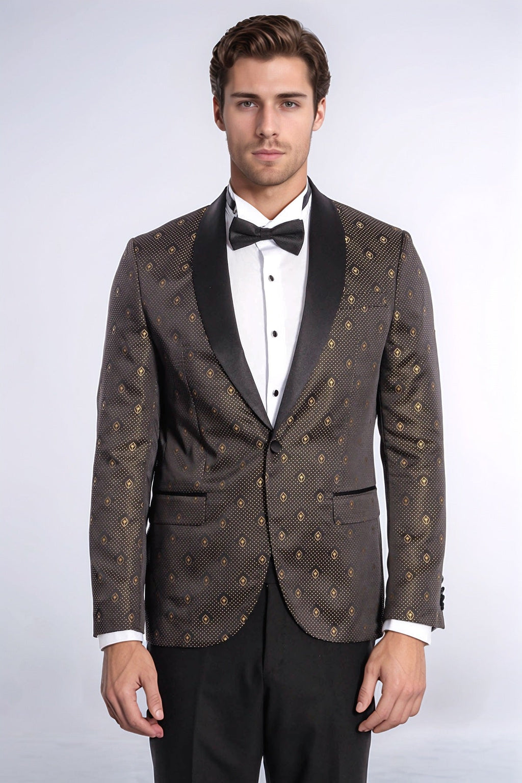Shawl Lapel Gold Dot Patterned Over Black Men Tuxedo Blazer - Wessi - Luzilly Bridal & Apparel
