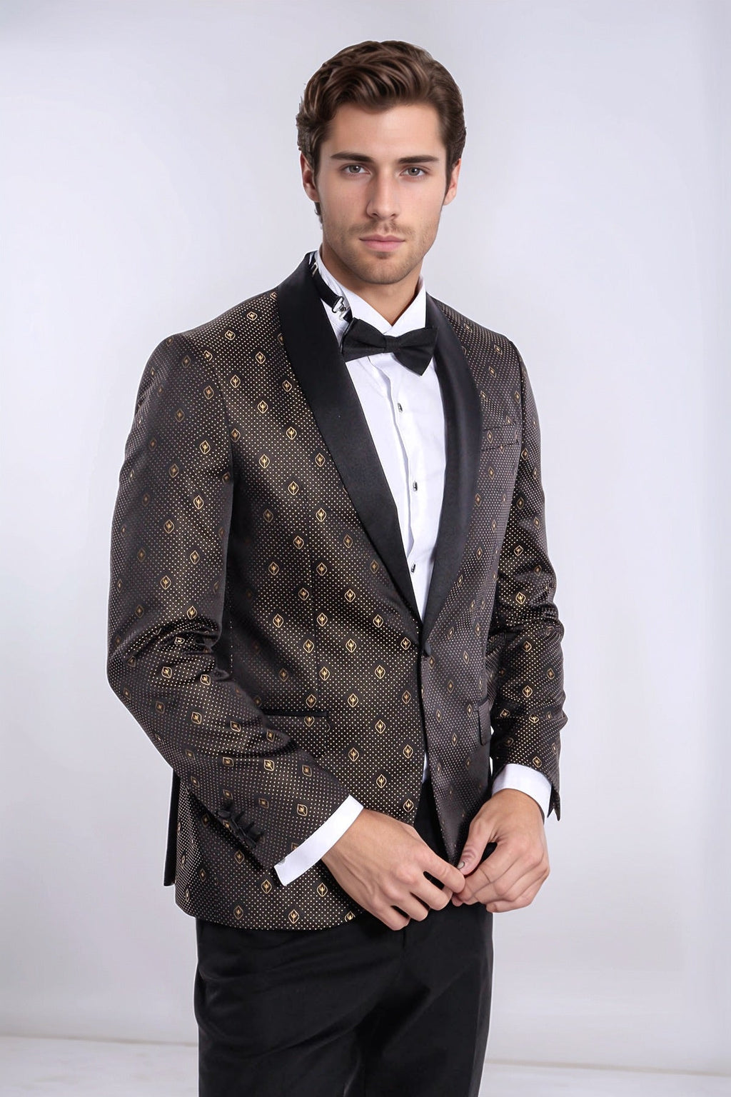 Shawl Lapel Gold Dot Patterned Over Black Men Tuxedo Blazer - Wessi - Luzilly Bridal & Apparel