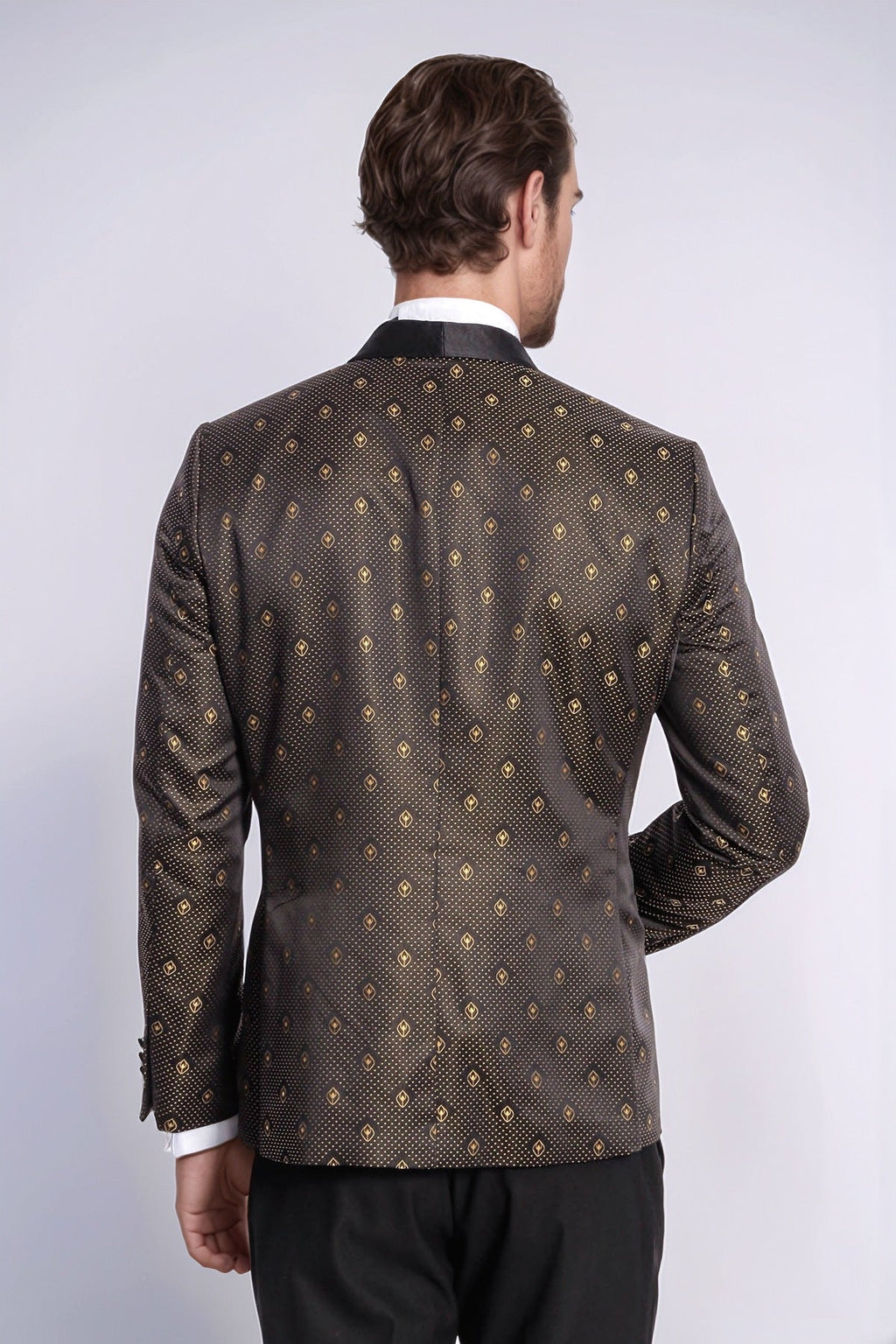 Shawl Lapel Gold Dot Patterned Over Black Men Tuxedo Blazer - Wessi - Luzilly Bridal & Apparel