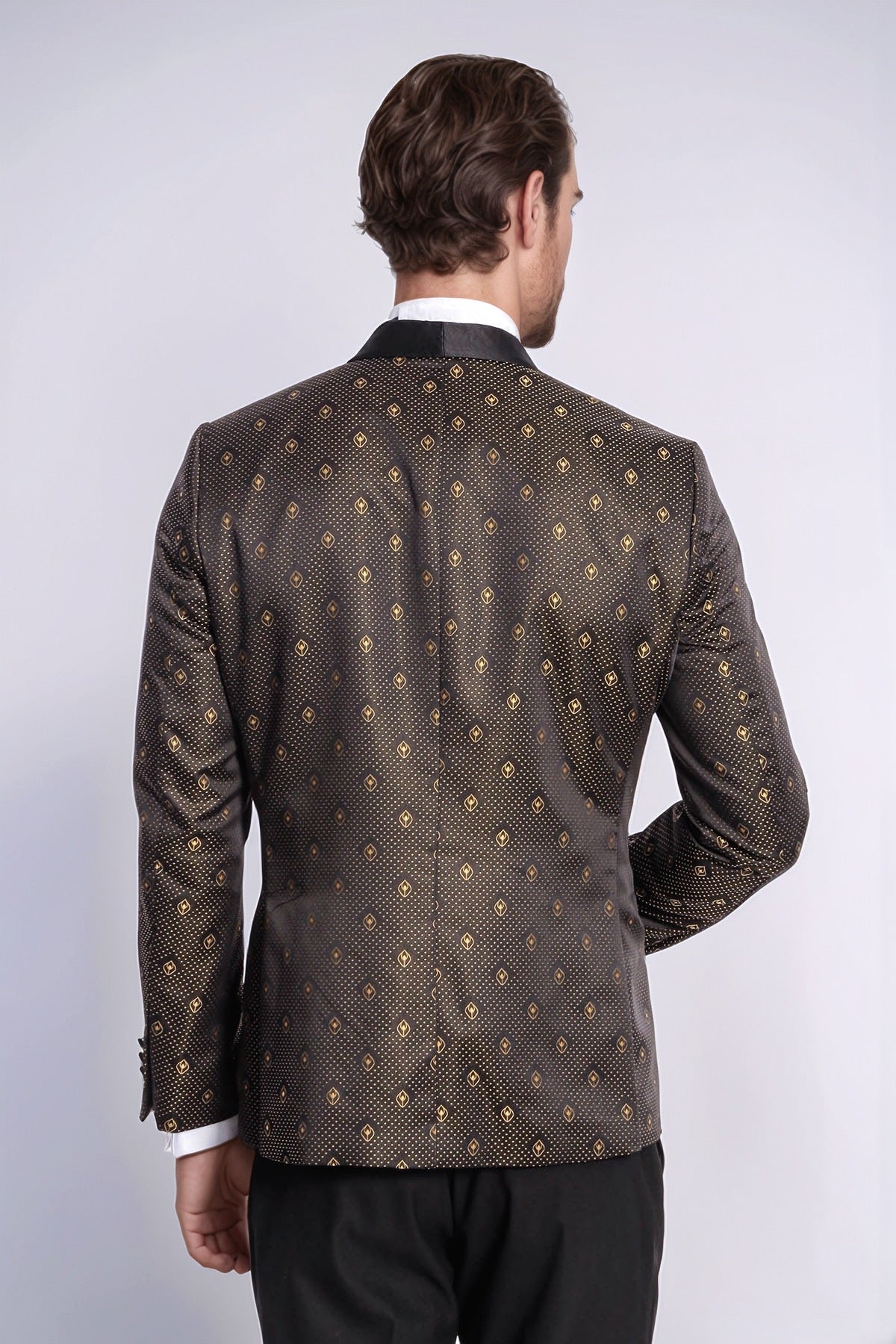 Shawl Lapel Gold Dot Patterned Over Black Men Tuxedo Blazer - Wessi - Luzilly Bridal & Apparel