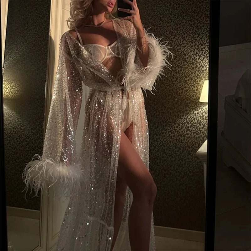 Sheer Feather-Sleeve Maxi Bridal Morning Robe - Luzilly Bridal & Apparel