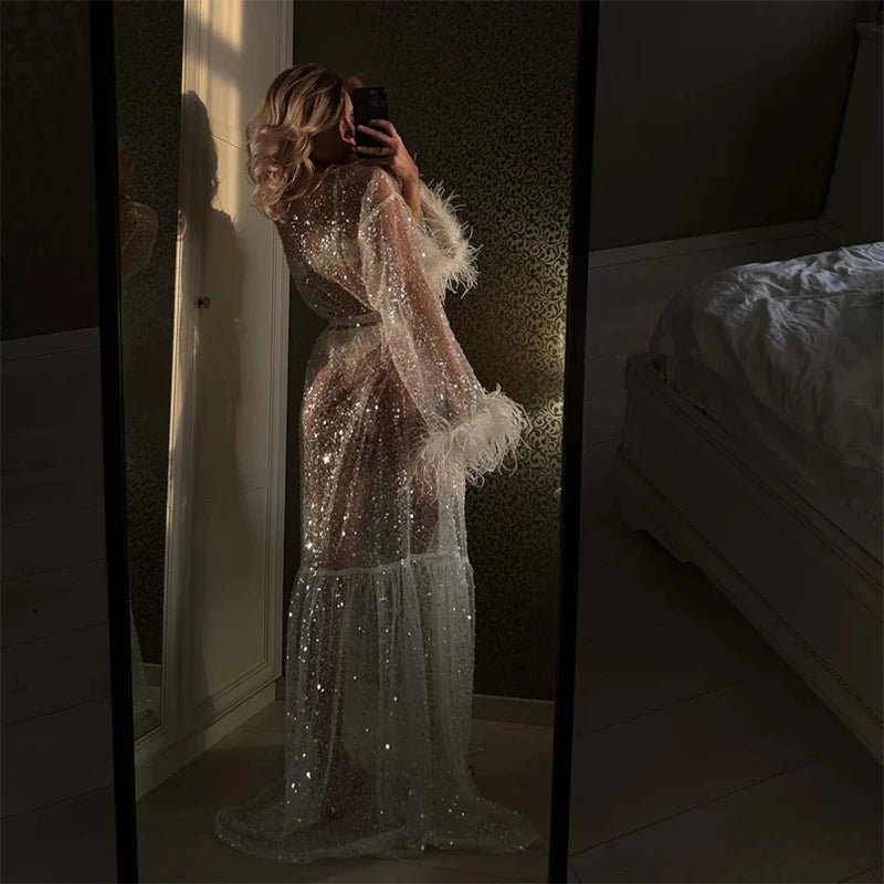 Sheer Feather-Sleeve Maxi Bridal Morning Robe - Luzilly Bridal & Apparel